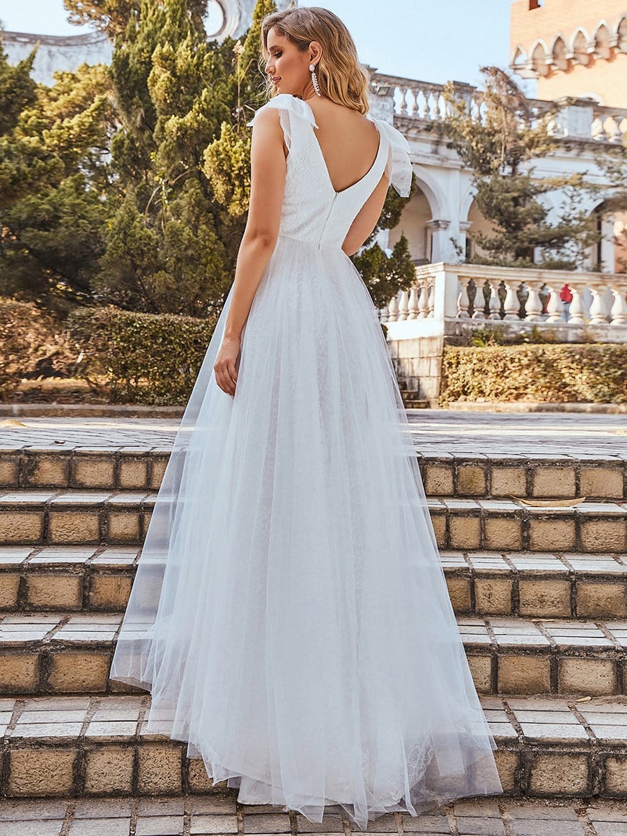 Color=Cream | Double V Neck Lace Bodice Sleeveless Simple Wedding Dress-Cream 2