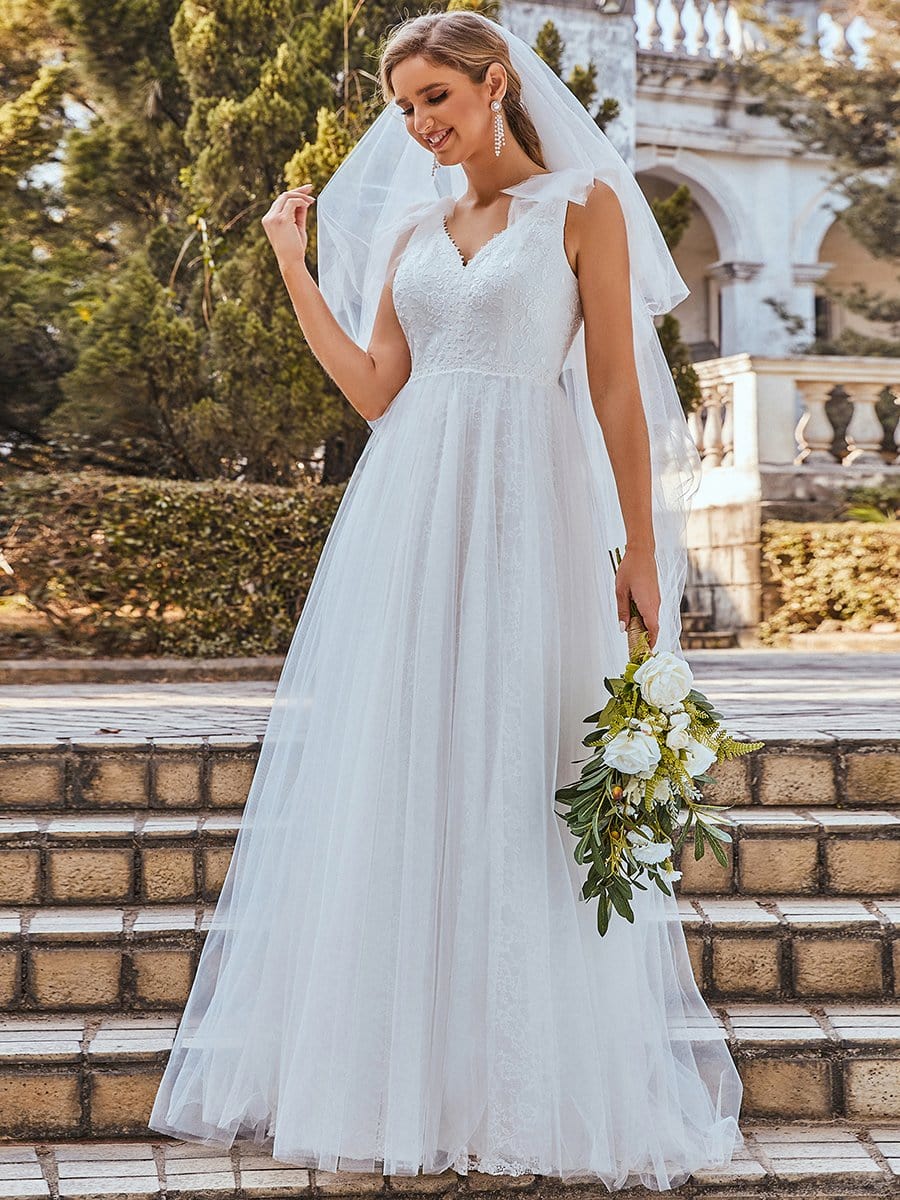 Color=Cream | Double V Neck Lace Bodice Sleeveless Simple Wedding Dress-Cream 1