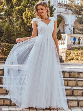 Color=Cream | Double V Neck Lace Bodice Sleeveless Simple Wedding Dress-Cream 3
