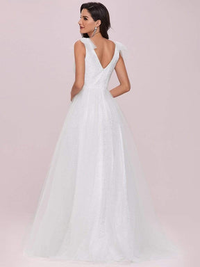Color=Cream | Double V Neck Lace Bodice Sleeveless Simple Wedding Dress-Cream 5