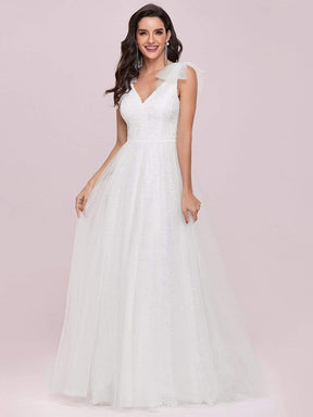 Color=Cream | Double V Neck Lace Bodice Sleeveless Simple Wedding Dress-Cream 8