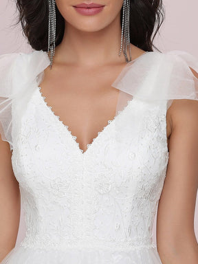 Color=Cream | Double V Neck Lace Bodice Sleeveless Simple Wedding Dress-Cream 6
