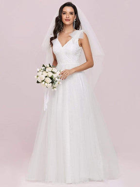 Color=Cream | Double V Neck Lace Bodice Sleeveless Simple Wedding Dress-Cream 7