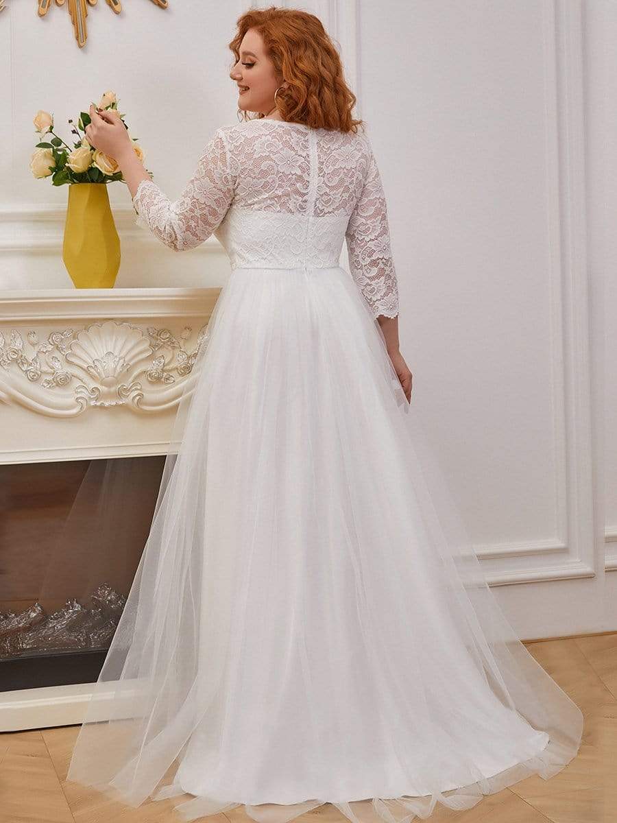 Color=Cream | Romantic A-Line Plus Size Tulle Wedding Dress With Lace-Cream 3