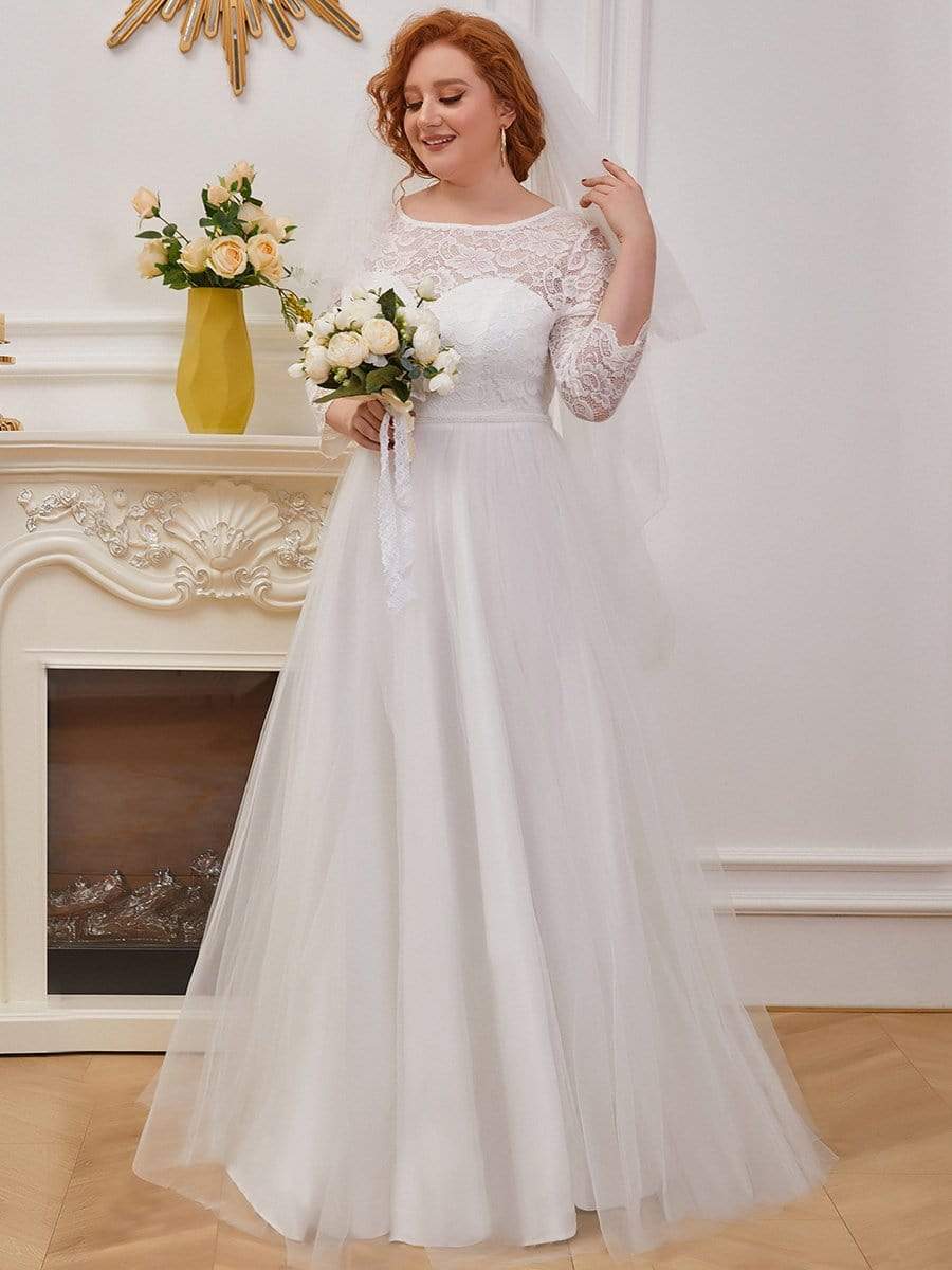 Color=Cream | Romantic A-Line Plus Size Tulle Wedding Dress With Lace-Cream 1