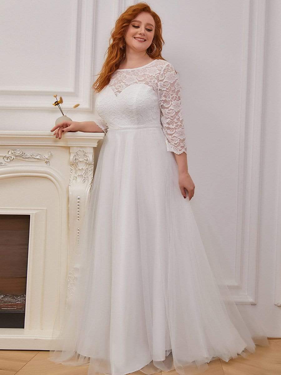 Color=Cream | Romantic A-Line Plus Size Tulle Wedding Dress With Lace-Cream 4