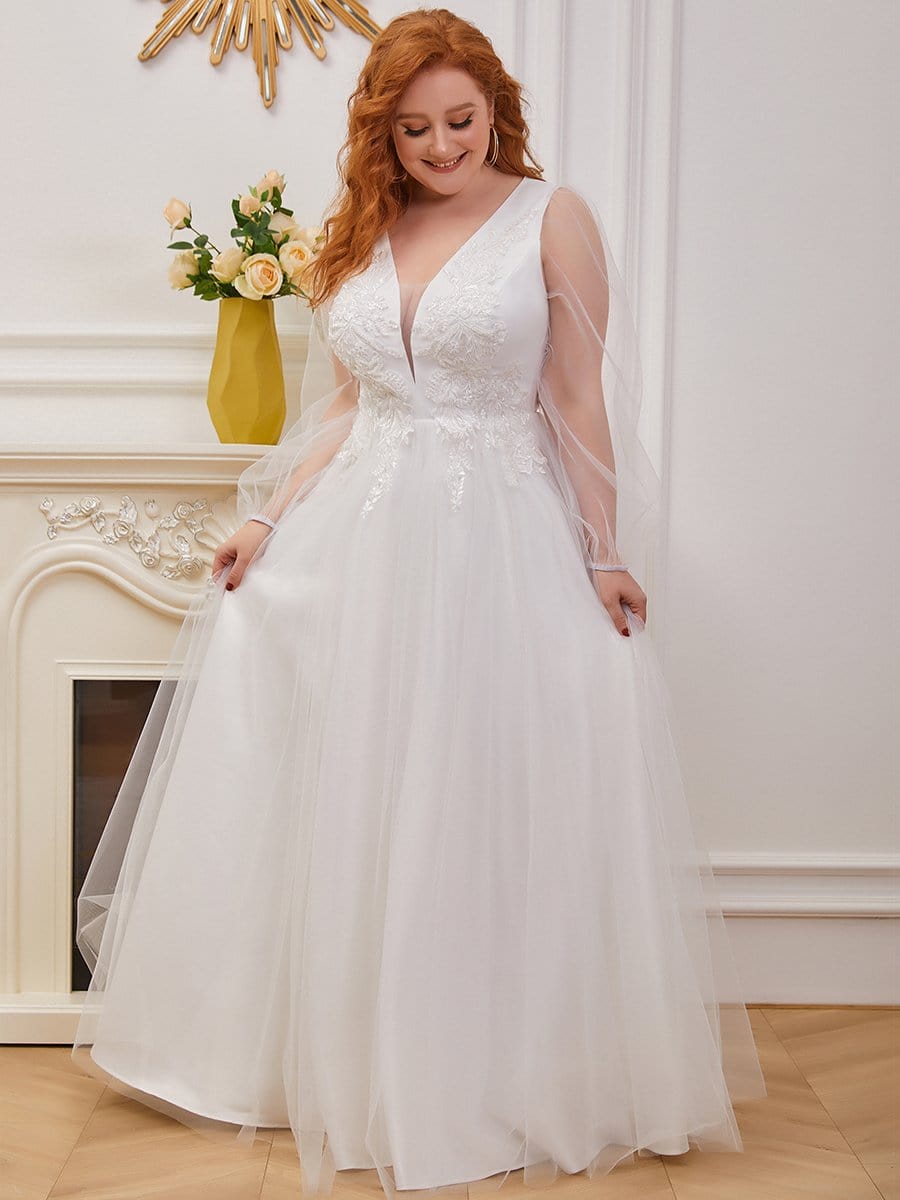 Color=Cream | Plus-Size Sheer Sleeve Beaded Long Wedding Dress-Cream 2
