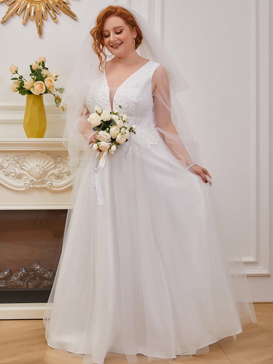Color=Cream | Plus-Size Sheer Sleeve Beaded Long Wedding Dress-Cream 3
