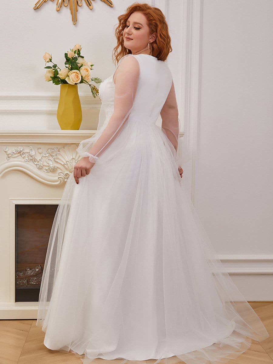 Color=Cream | Plus-Size Sheer Sleeve Beaded Long Wedding Dress-Cream 4
