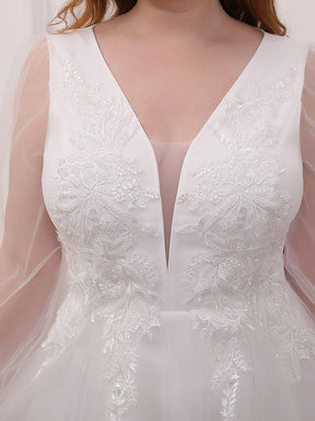 Color=Cream | Plus-Size Sheer Sleeve Beaded Long Wedding Dress-Cream 5