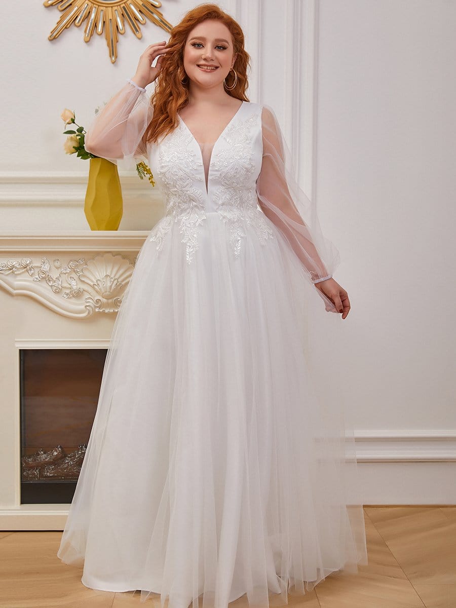 Color=Cream | Plus-Size Sheer Sleeve Beaded Long Wedding Dress-Cream 1