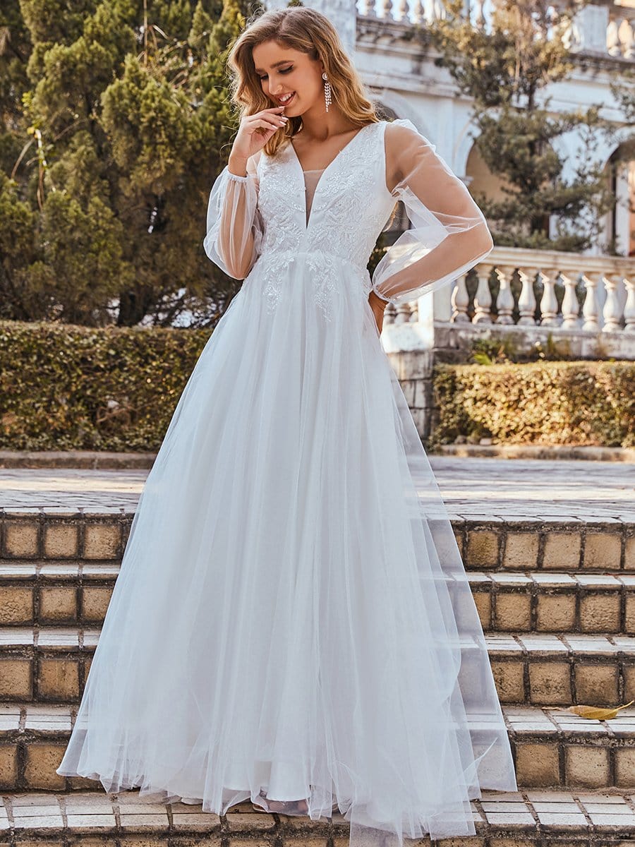 Color=Cream | Elegant V-Neck Applique Long Lantern Sleeves Tulle Wedding Gown-Cream 3