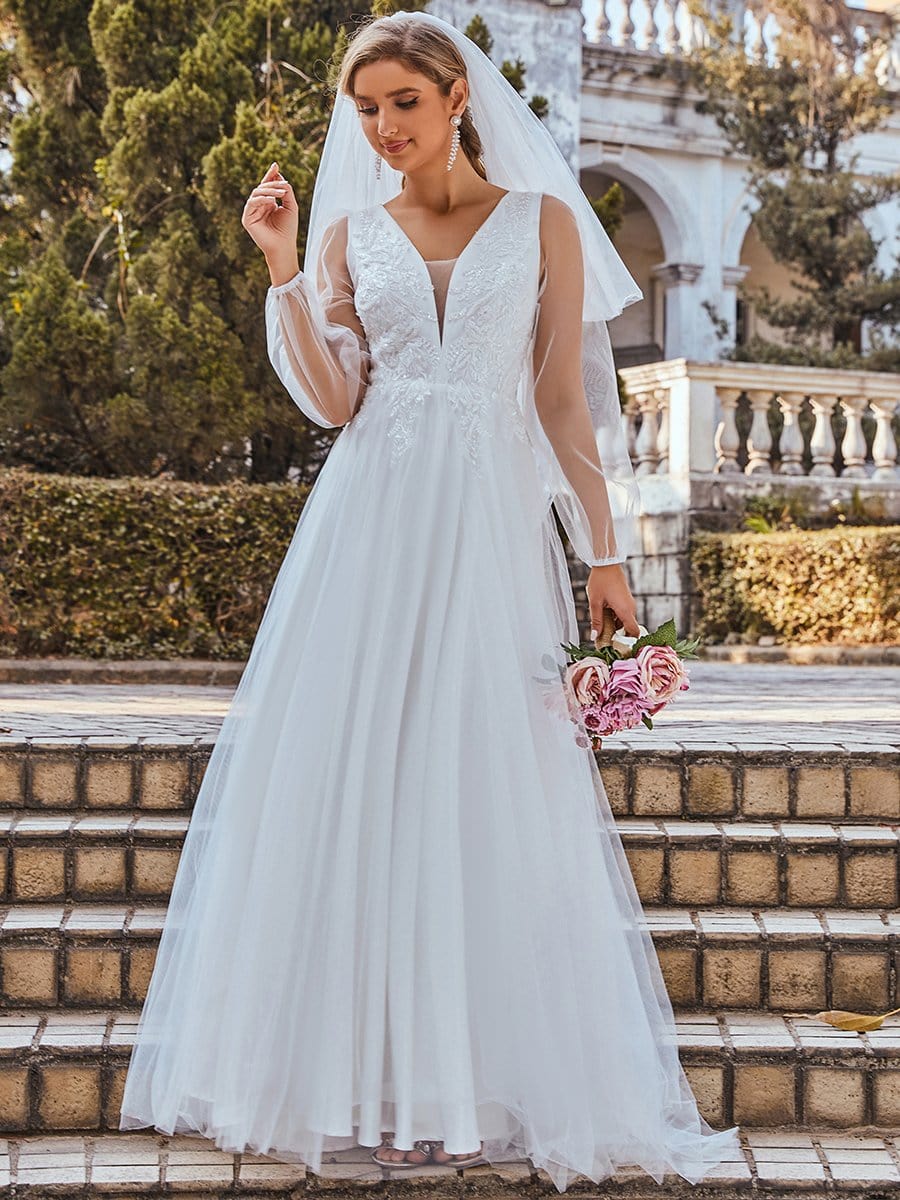 Color=Cream | Elegant V-Neck Applique Long Lantern Sleeves Tulle Wedding Gown-Cream 4