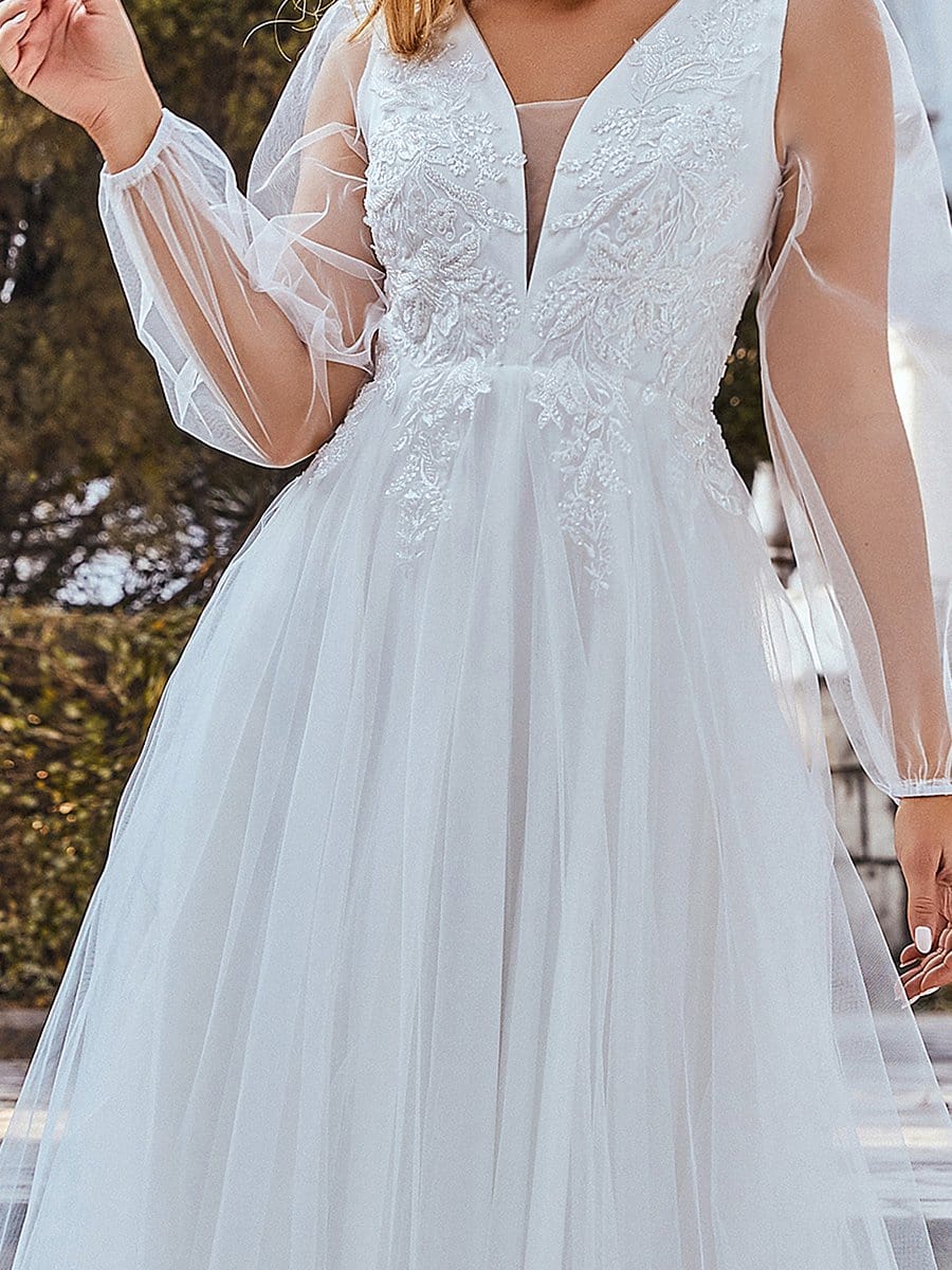 Color=Cream | Elegant V-Neck Applique Long Lantern Sleeves Tulle Wedding Gown-Cream 5