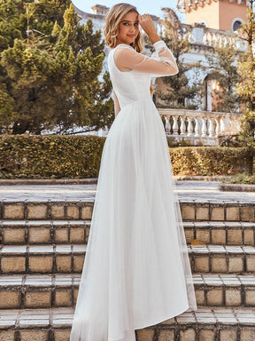 Color=Cream | Romantic Lantern Sleeve Deep V-Neck Wedding Gown With Appliques-Cream 2