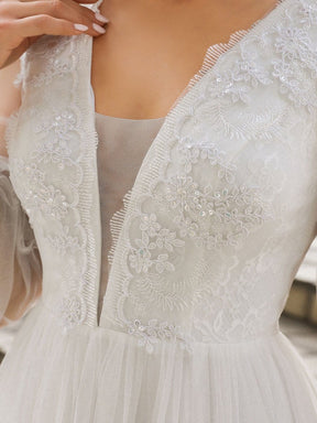 Color=Cream | Romantic Lantern Sleeve Deep V-Neck Wedding Gown With Appliques-Cream 5