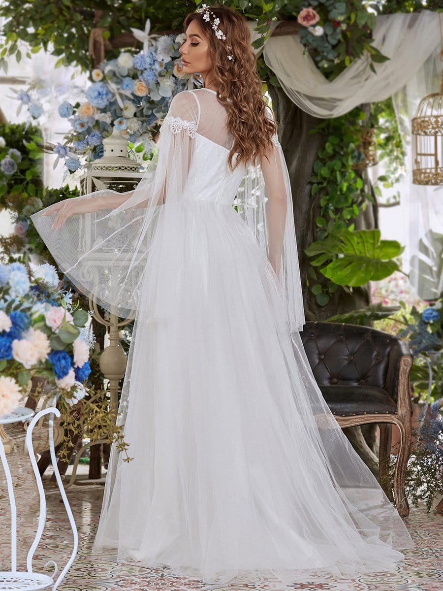 Deep V Round Neck Applique Long Tulip Sleeves Wedding Dress - Ever Pretty AU Deep V Round Neck Applique Long Tulip Sleeves Wedding Dress - Ever Pretty AU