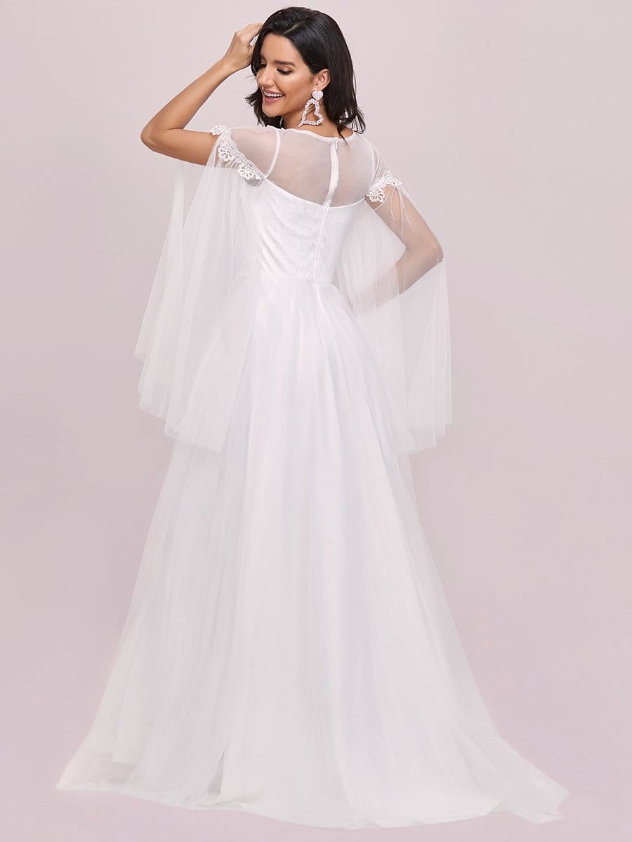 Color=Cream | Round Neck Deep V Tulip Long Sleeves Applique Wedding Dress-Cream 5