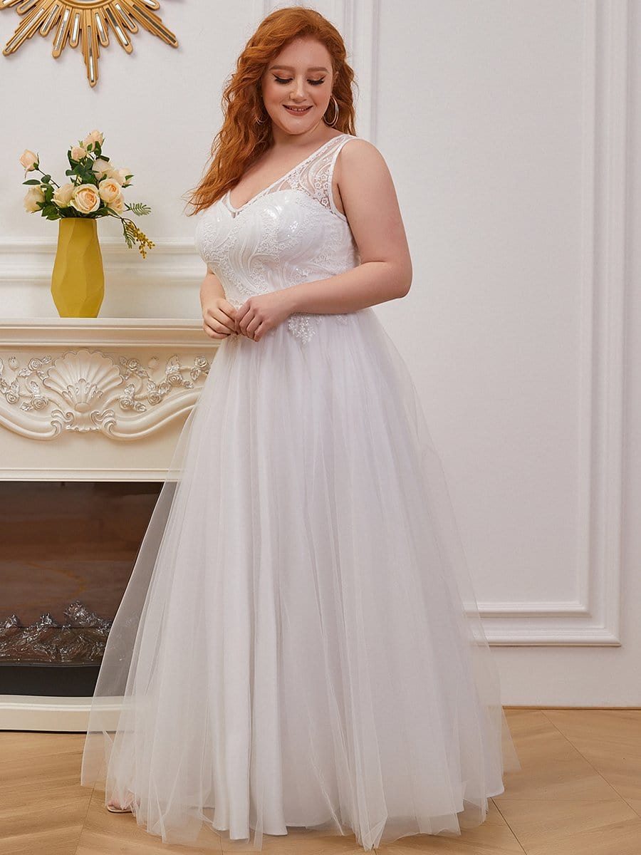 Color=Cream | Plus-Size Embroidery A-line Sleeveless Wedding Dress-Cream 2