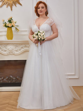Color=Cream | Plus-Size A-Line V-Neck Wedding Gown With Cover Sleeves-Cream 3