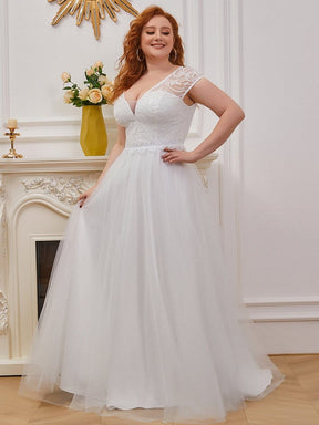 Color=Cream | Plus-Size A-Line V-Neck Wedding Gown With Cover Sleeves-Cream 4