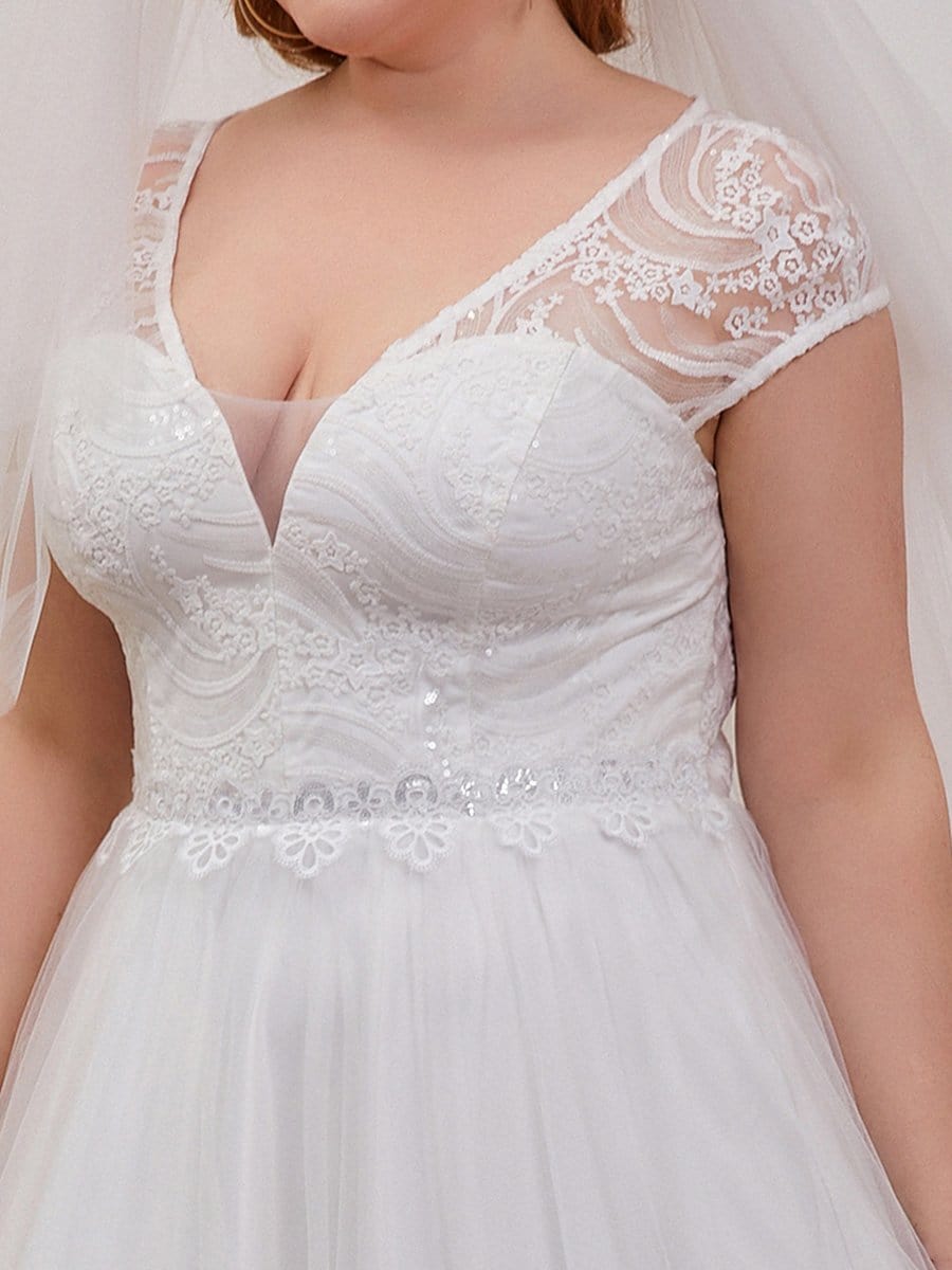Color=Cream | Plus-Size A-Line V-Neck Wedding Gown With Cover Sleeves-Cream 5