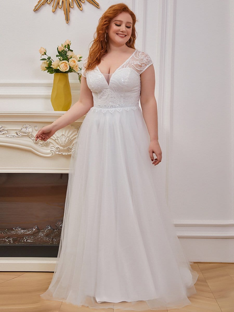 Color=Cream | Plus-Size A-Line V-Neck Wedding Gown With Cover Sleeves-Cream 1