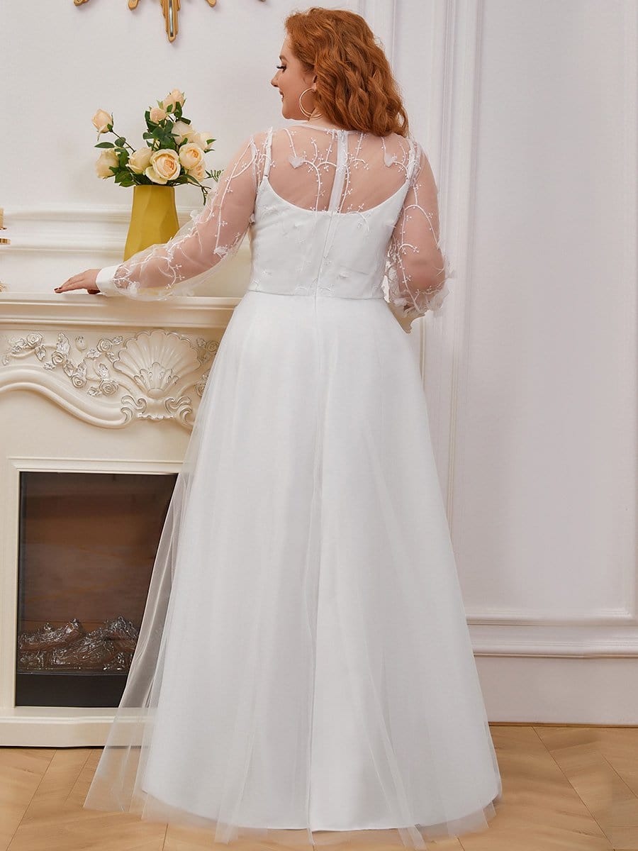 Color=Cream | Plus Size A-Line Tulle Wedding Dress With Long Sleeves-Cream 3