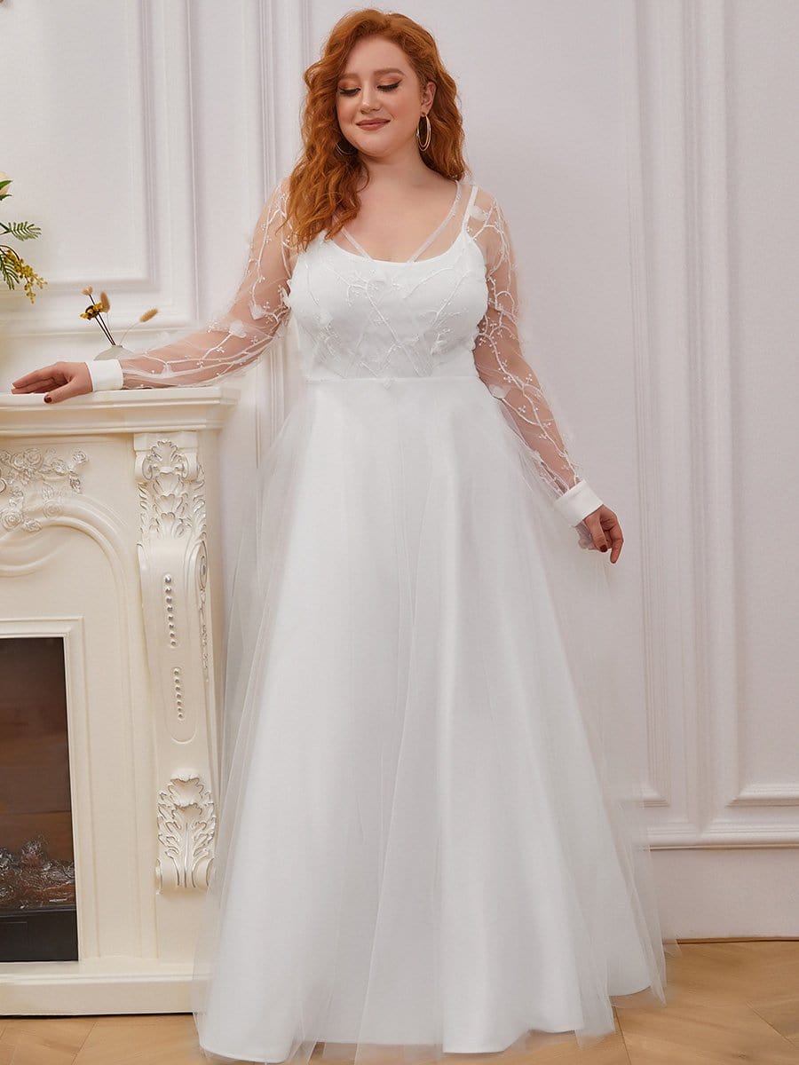 Color=Cream | Plus Size A-Line Tulle Wedding Dress With Long Sleeves-Cream 4