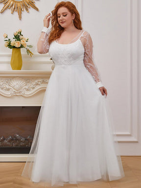 Color=Cream | Plus Size A-Line Tulle Wedding Dress With Long Sleeves-Cream 2