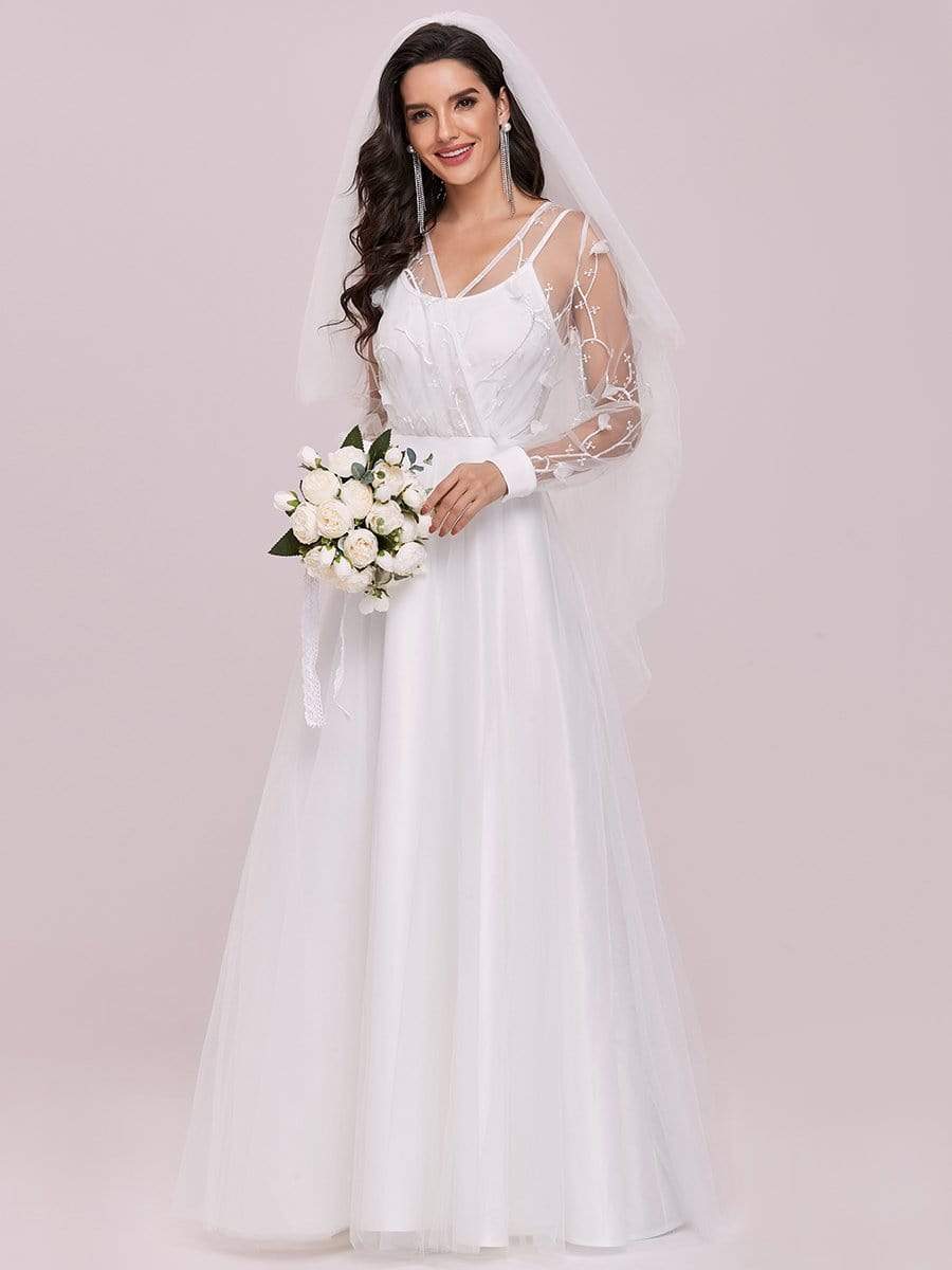 Color=Cream | Romantic A-Line Tulle Wedding Dress With Lace Decoration-Cream 4