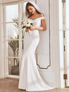 Color=Cream | Plain Solid Color Off Shoulder Mermaid Wedding Dress-Cream 1
