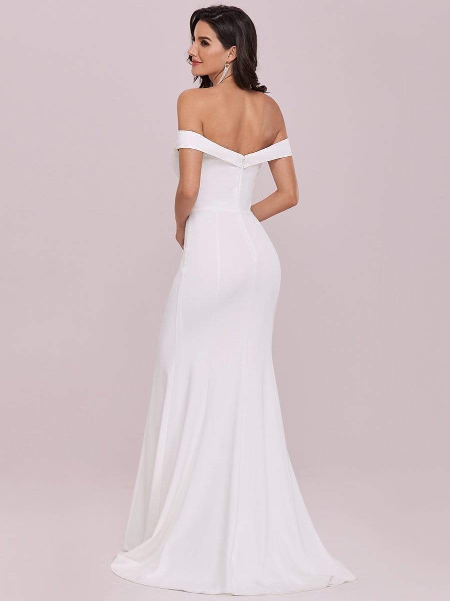 Color=Cream | Plain Solid Color Off Shoulder Mermaid Wedding Dress-Cream 6