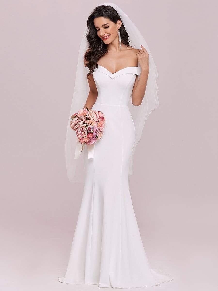 Color=Cream | Plain Solid Color Off Shoulder Mermaid Wedding Dress-Cream 4