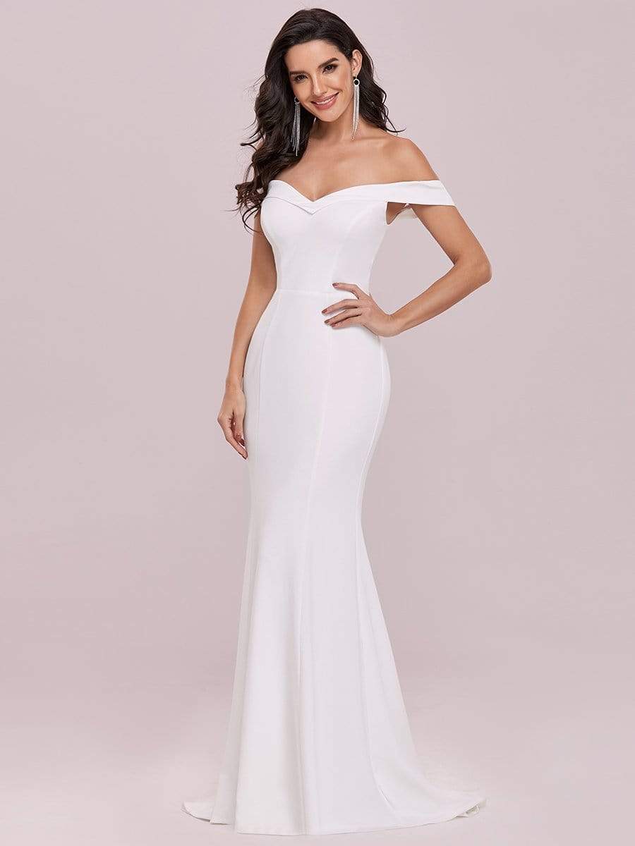 Color=Cream | Plain Solid Color Off Shoulder Mermaid Wedding Dress-Cream 7