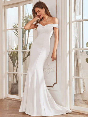 Color=Cream | Plain Solid Color Off Shoulder Mermaid Wedding Dress-Cream 2