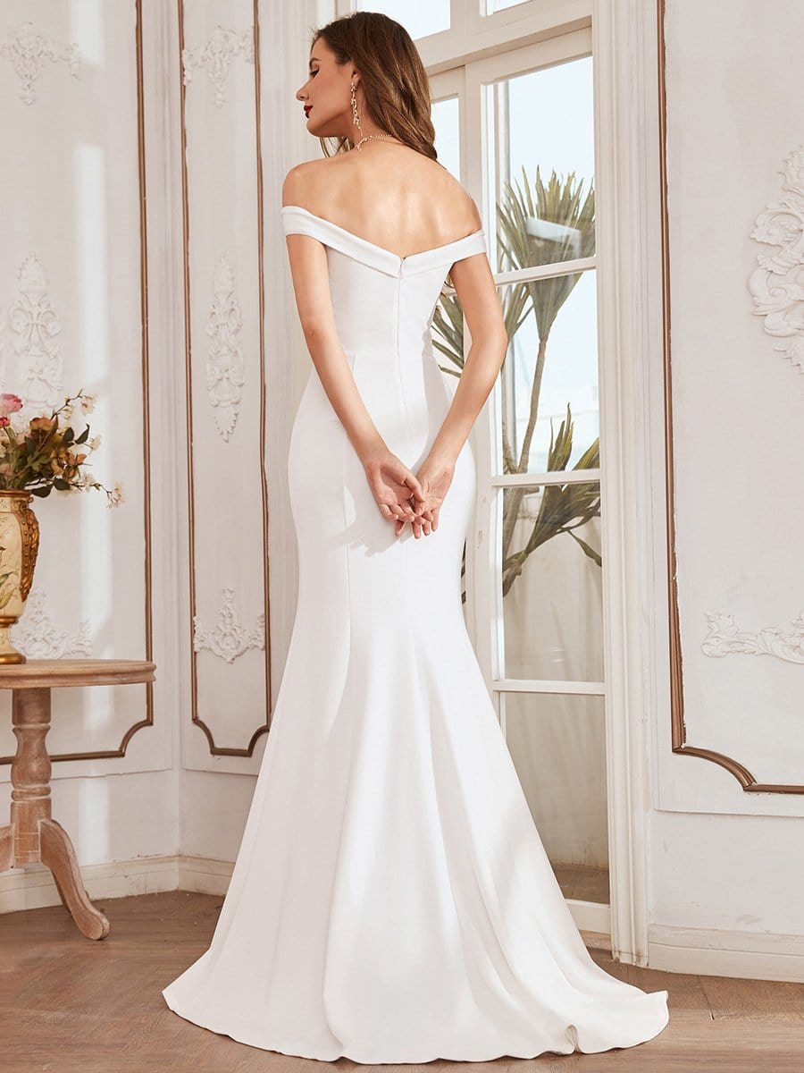 Color=Cream | Plain Solid Color Off Shoulder Mermaid Wedding Dress-Cream 3