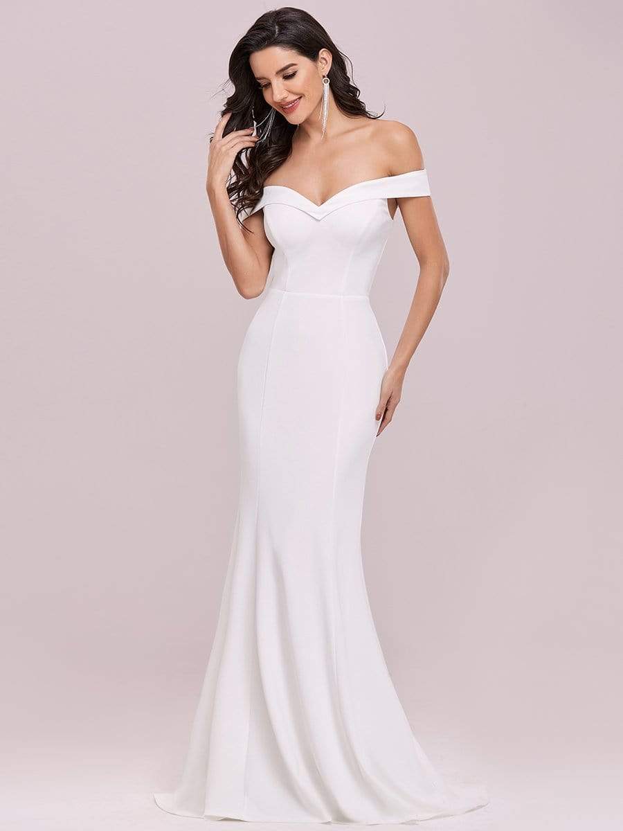 Color=Cream | Plain Solid Color Off Shoulder Mermaid Wedding Dress-Cream 5