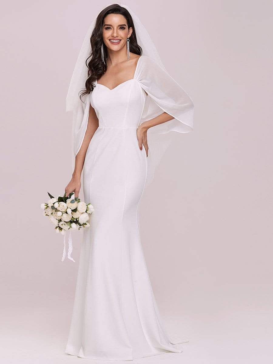 Color=Cream | Swag-Sleeves V Neck Floor Length Fishtail Wedding Dress-Cream 4