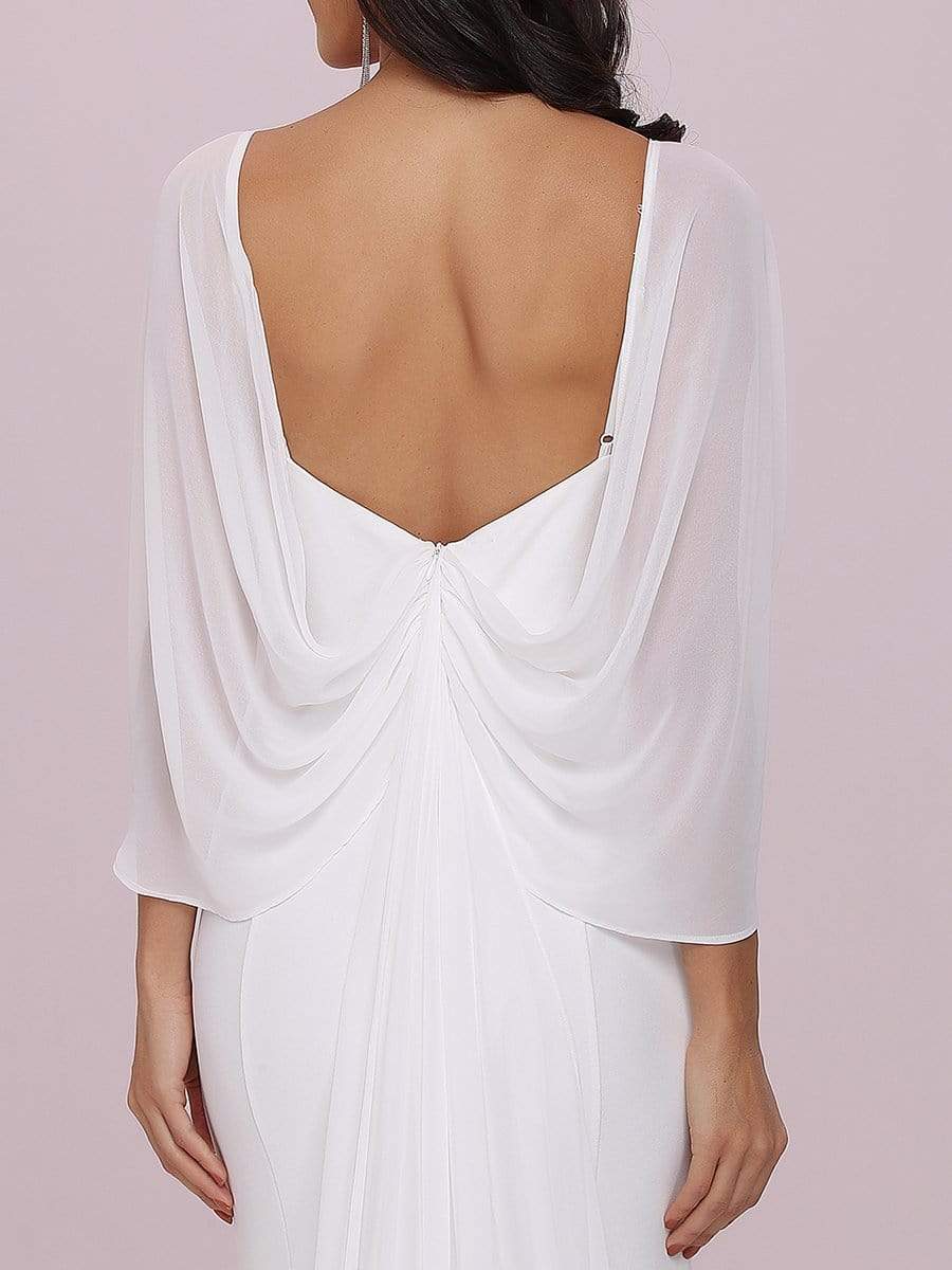 Color=Cream | Swag-Sleeves V Neck Floor Length Fishtail Wedding Dress-Cream 5