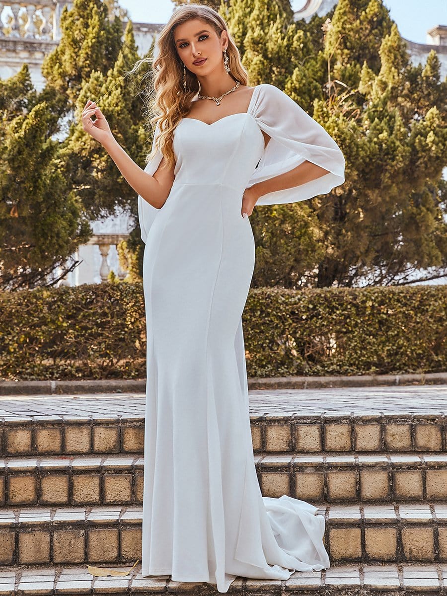 Color=Cream | Swag-Sleeves V Neck Floor Length Fishtail Wedding Dress-Cream 3