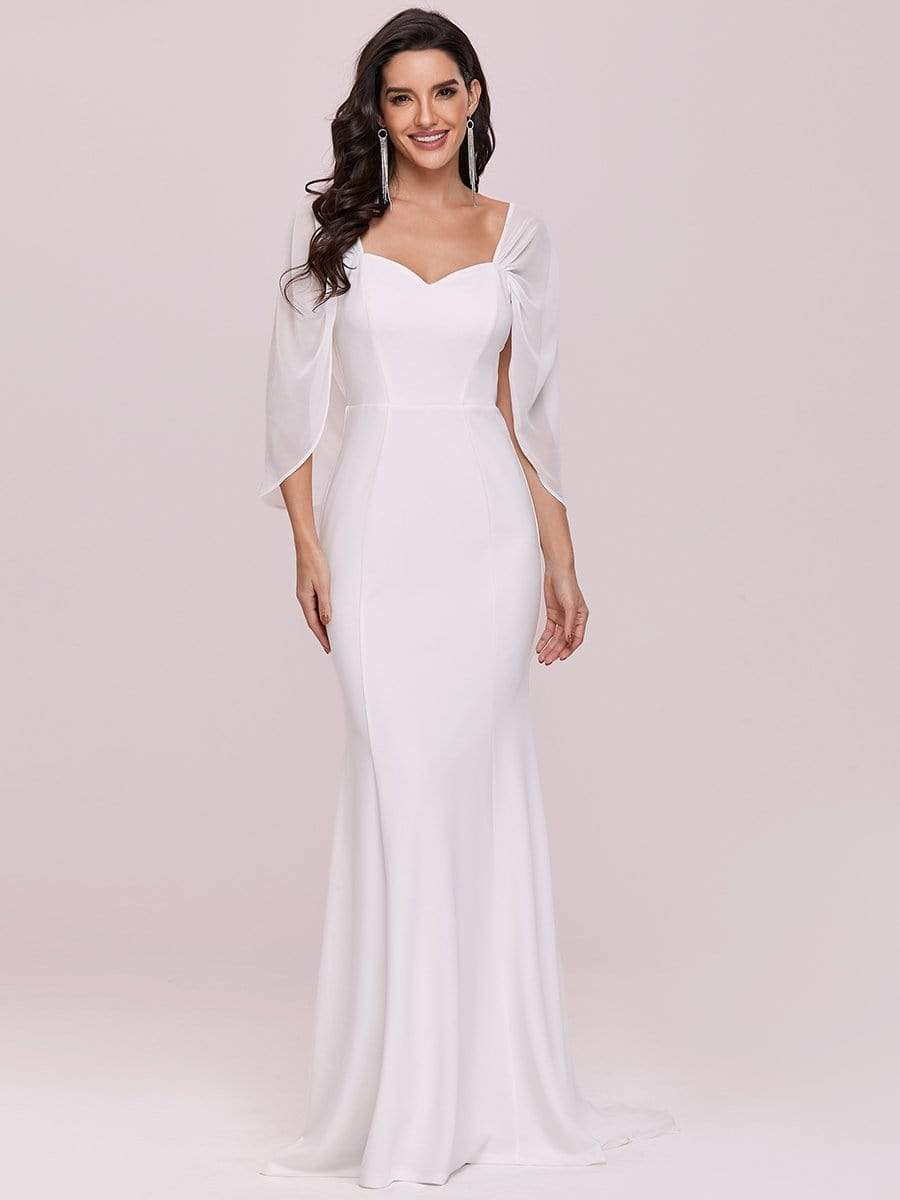 Color=Cream | Swag-Sleeves V Neck Floor Length Fishtail Wedding Dress-Cream 6