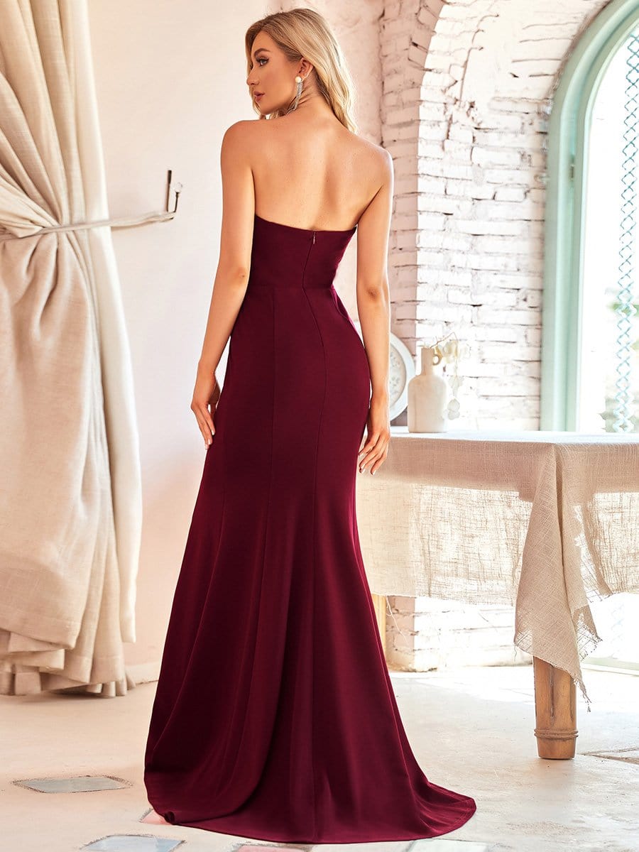 Color=Burgundy | Simple Strapless Sweetheart Mermaid Eloping Dress For Wedding-Burgundy 2