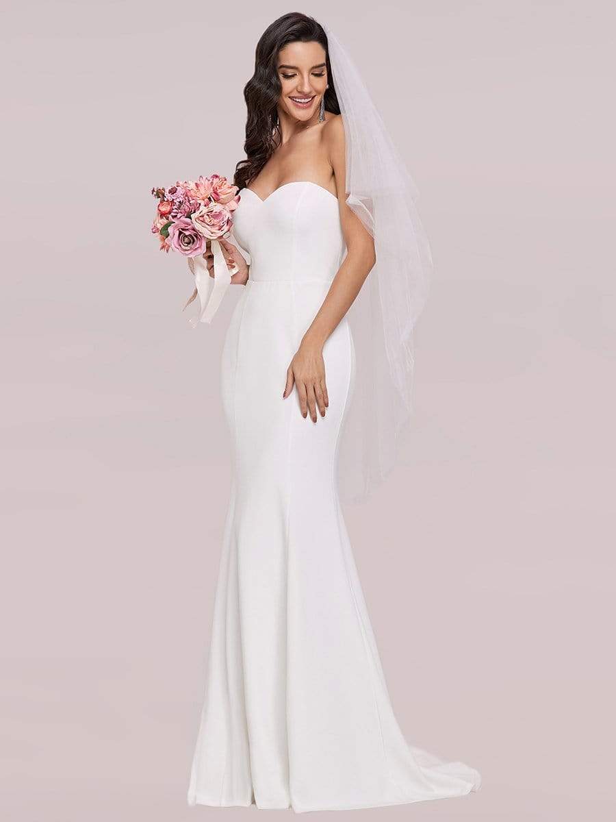 Color=Cream | Simple Strapless Sweetheart Mermaid Eloping Dress For Wedding-Cream 4