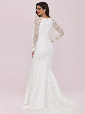 Color=Cream | Long Lace Lantern Sleeves Simple Mermaid Wedding Dress-Cream 5