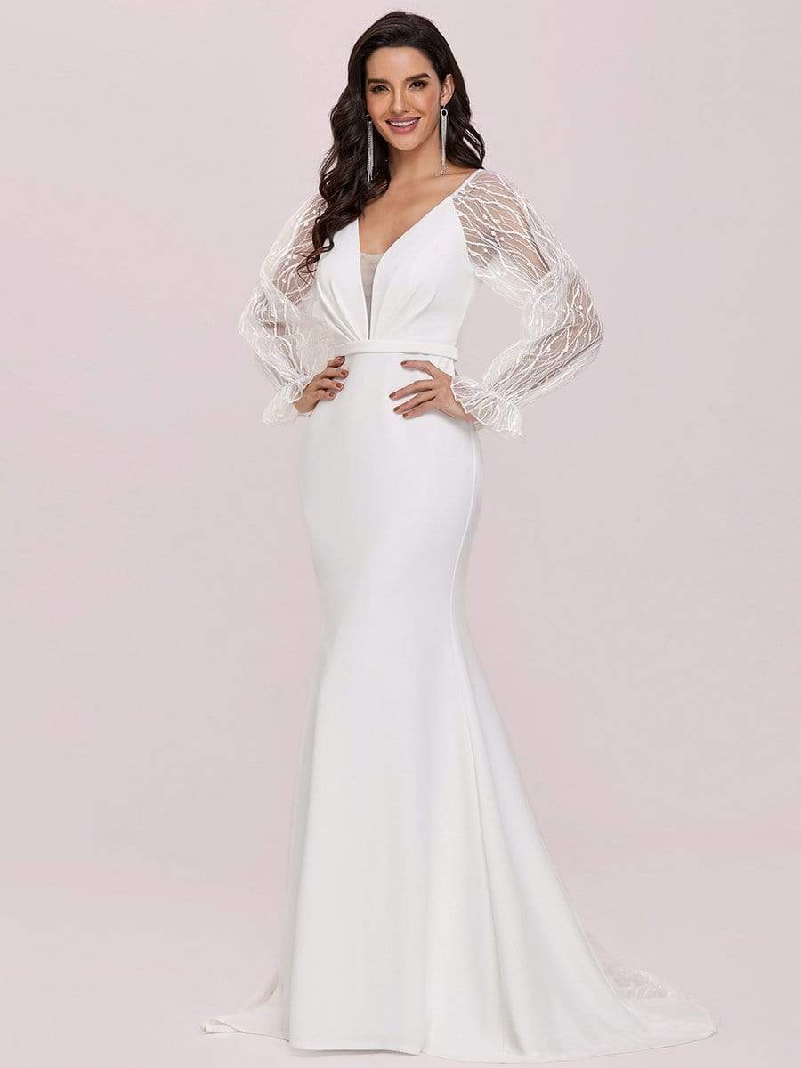 Color=Cream | Long Lace Lantern Sleeves Simple Mermaid Wedding Dress-Cream 6