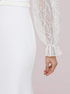 Color=Cream | Long Lace Lantern Sleeves Simple Mermaid Wedding Dress-Cream 8