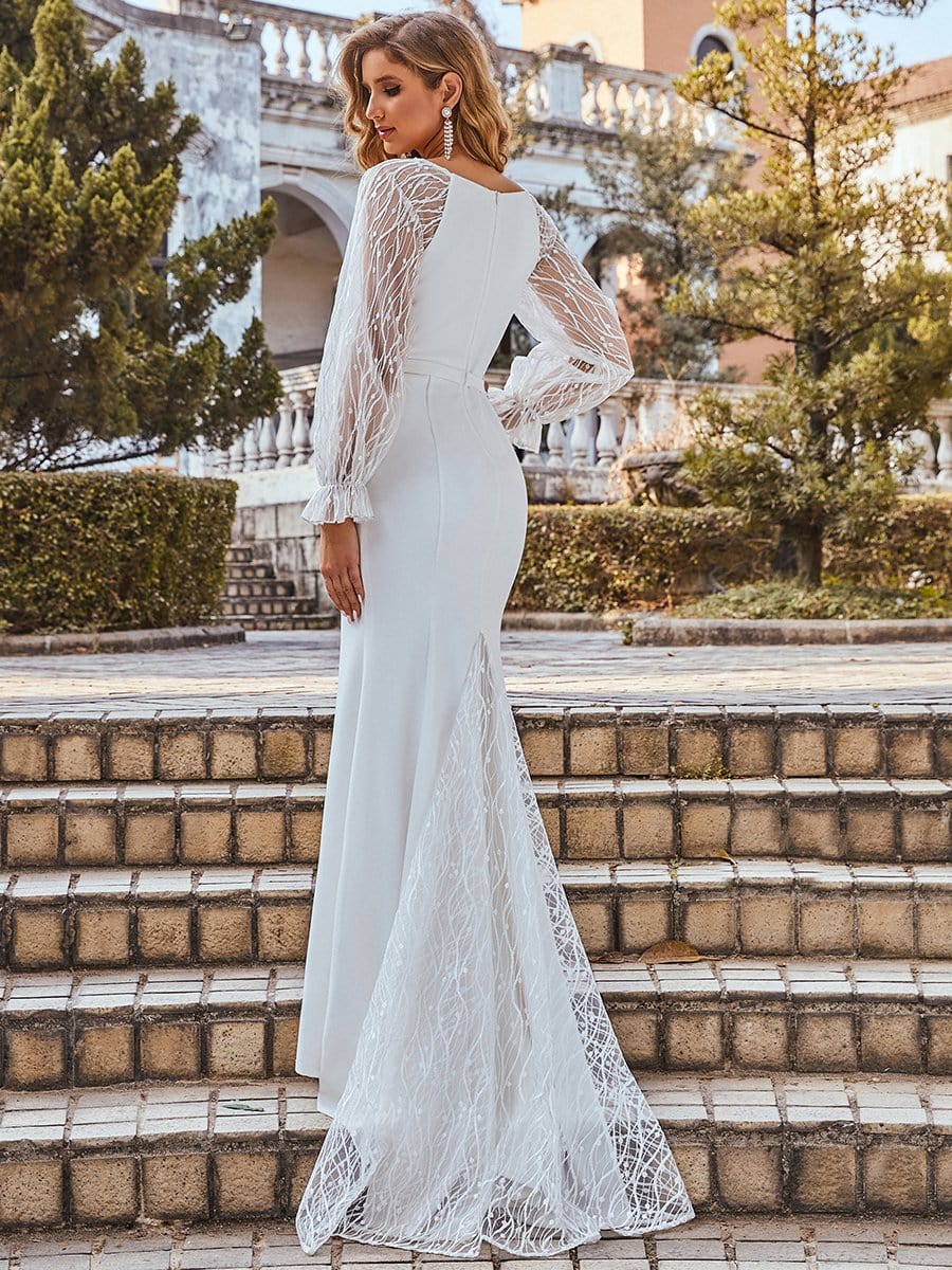 Color=Cream | Long Lace Lantern Sleeves Simple Mermaid Wedding Dress-Cream 3