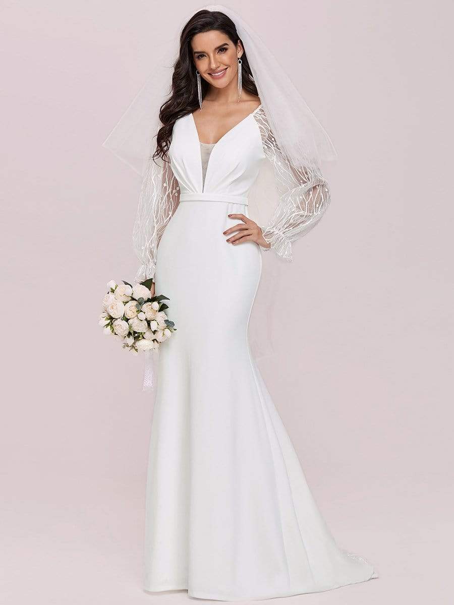 Color=Cream | Long Lace Lantern Sleeves Simple Mermaid Wedding Dress-Cream 4