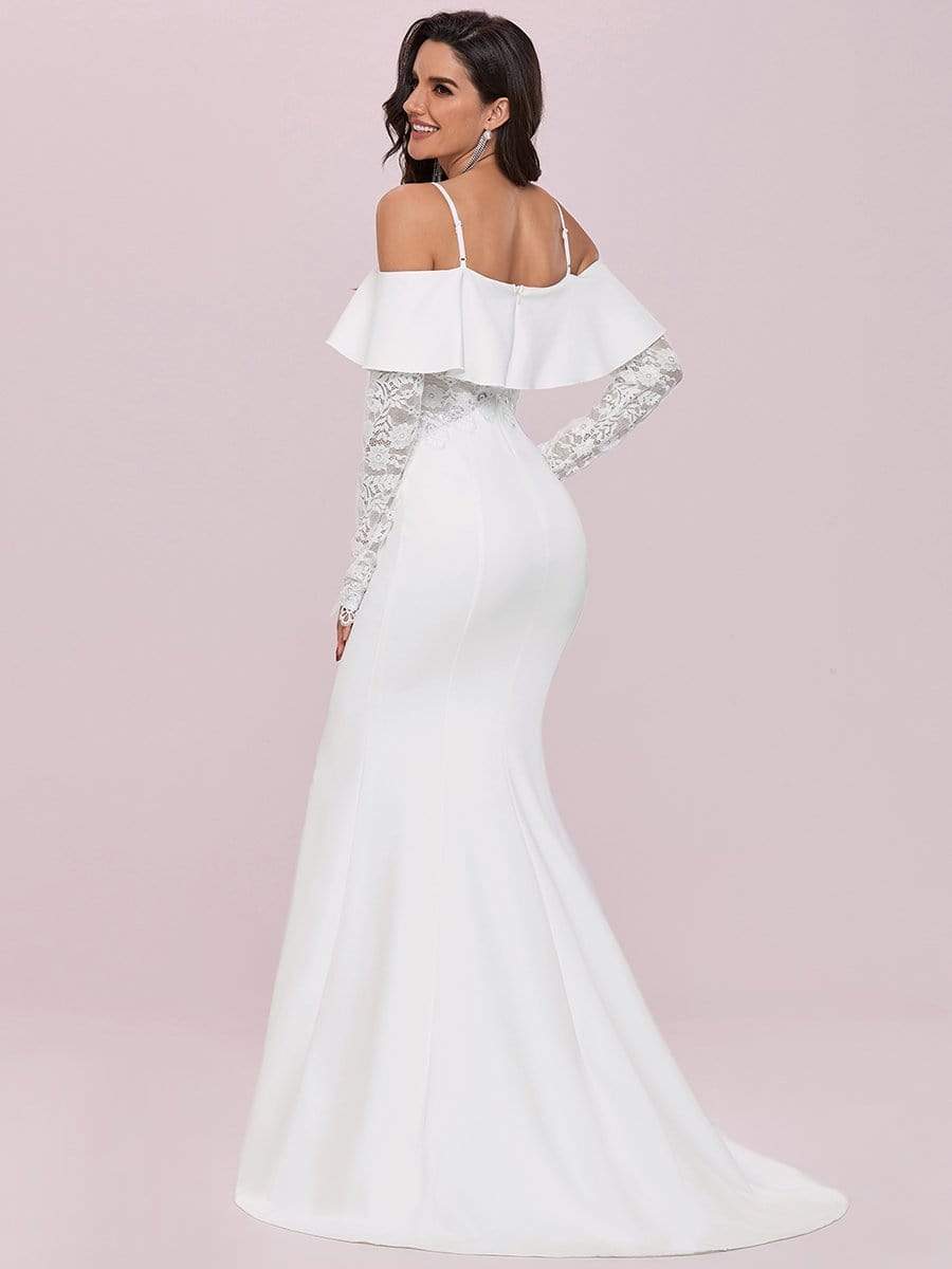 Color=Cream | See-Through Lace Bodice & Shoulder Fishtail Maxi Wedding Dress-Cream 5